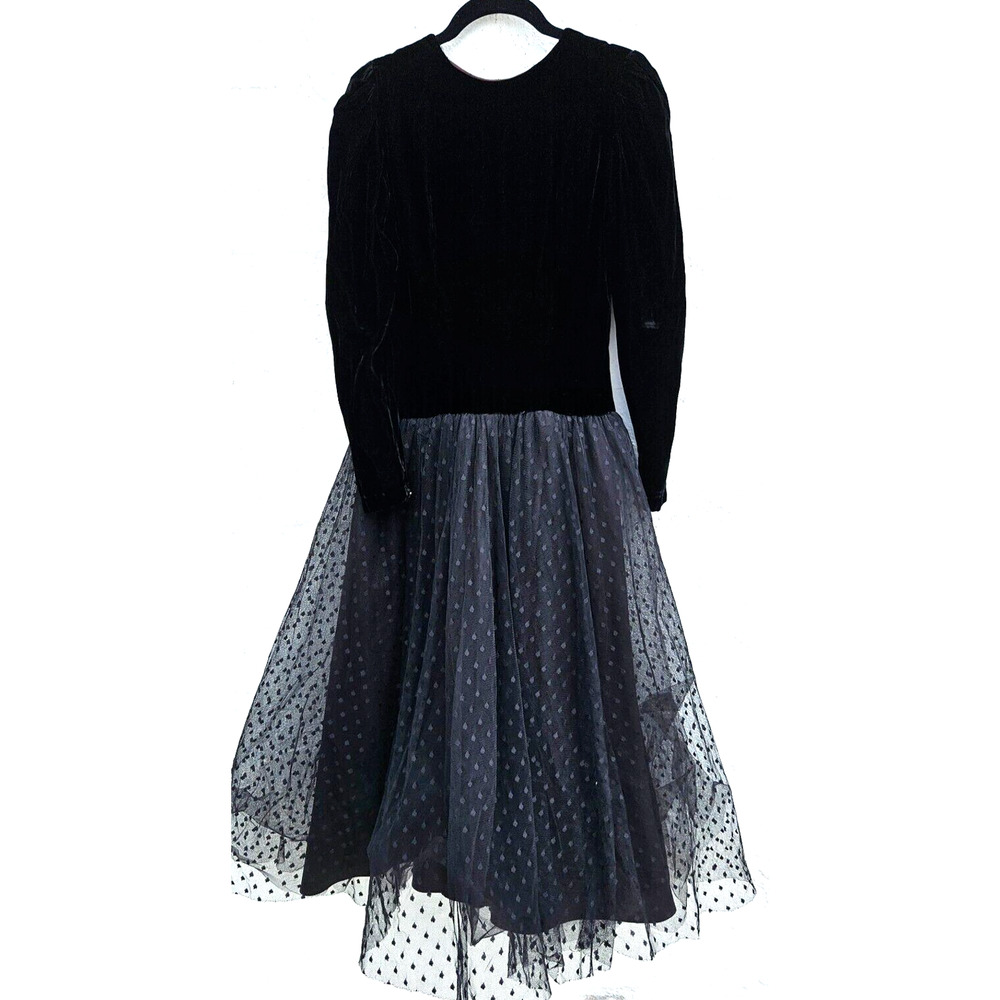 Vintage Dress Small Black Velvet‎ Tulle Sheer Polka Dot Goth Witchy Whimsy 80s